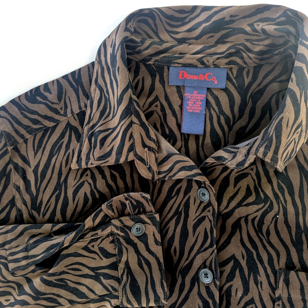 Denim & Co Womens 1X Brown Black Tiger Animal Print Button Front Shirt Blouse